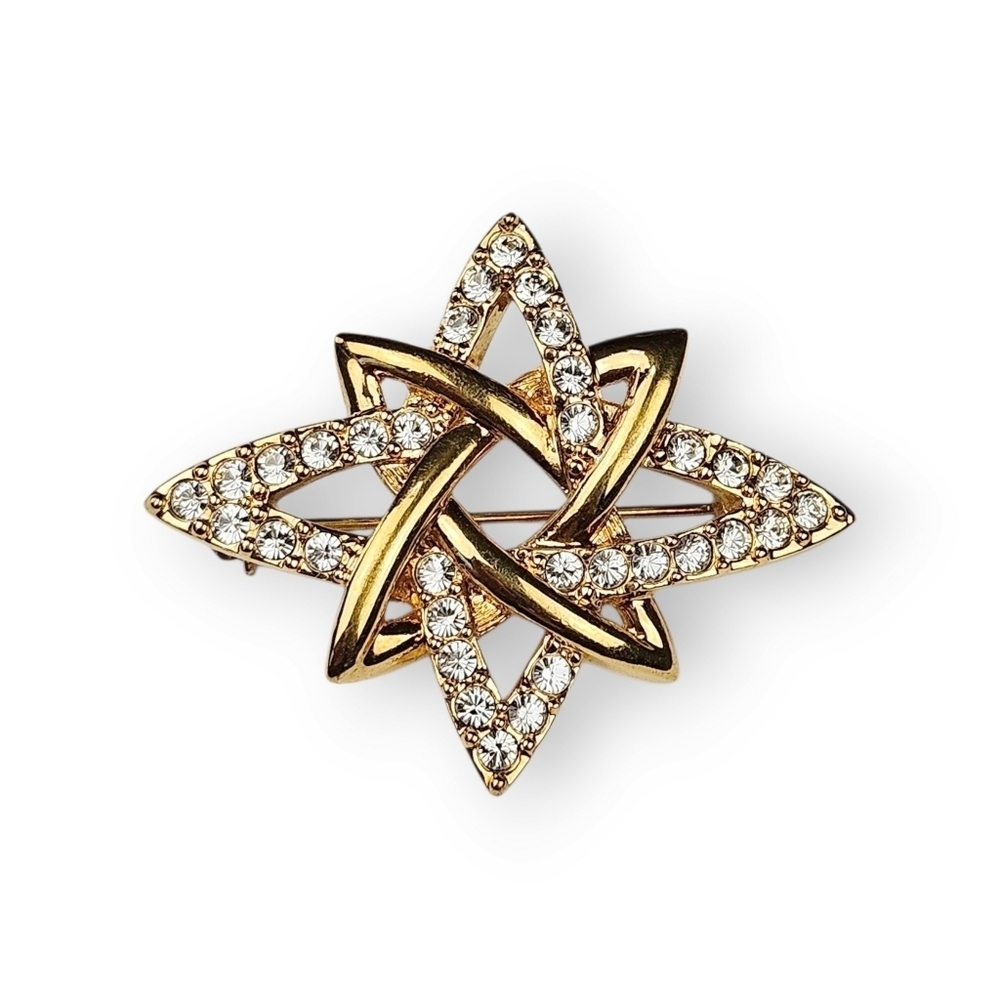 Vintage Monet Atomic Star Brooch Pave White Rhinestone Gold Plated Interlocking